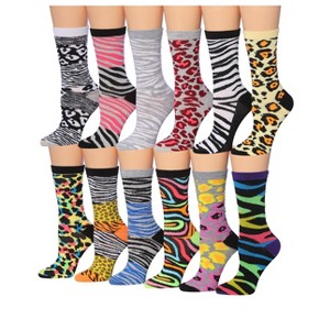 Tipi Toe Women's 12 Pairs Colorful Lightweight Leopard Zebra Cheetah Striped Patterned Crew Socks - 1 of 1