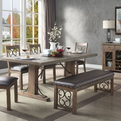 Raphaela 56" Black Faux Leather and Weathered Cherry Bench