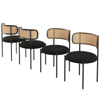 GlasFlength Dining Sets Set of 4, Modern Dining Chairs with Natural Rattan Backrest, Accent Kitchen Chairs with Metal Legs, Black, 20.5"*20.5"*29.9