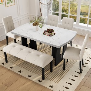 6-Piece Faux Marble Dining Table Set, Geometric Legs, 4 Tufted Upholstered Chairs & Bench - ModernLuxe - 1 of 4