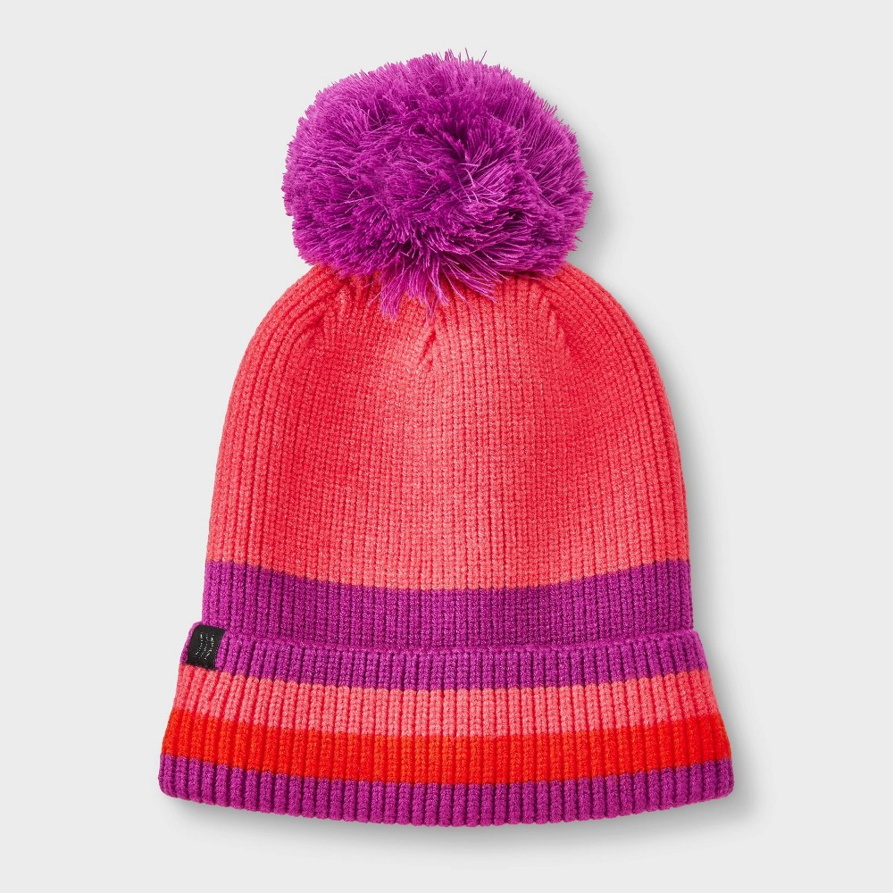 Girls' Striped Cuff Pom Beanie - All In Motion™ Pink Sparkle One Size Fits Most