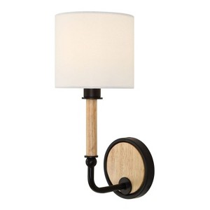 Uttermost Franconia 1 Light Wall Sconce 12"H Matte Black Iron & Blonde Wood with White Linen Shade Casual Lighting - 1 of 4