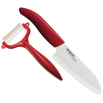 Kyocera Ceramic 2 Piece Santoku Knife and Peeler Set with Red Handles