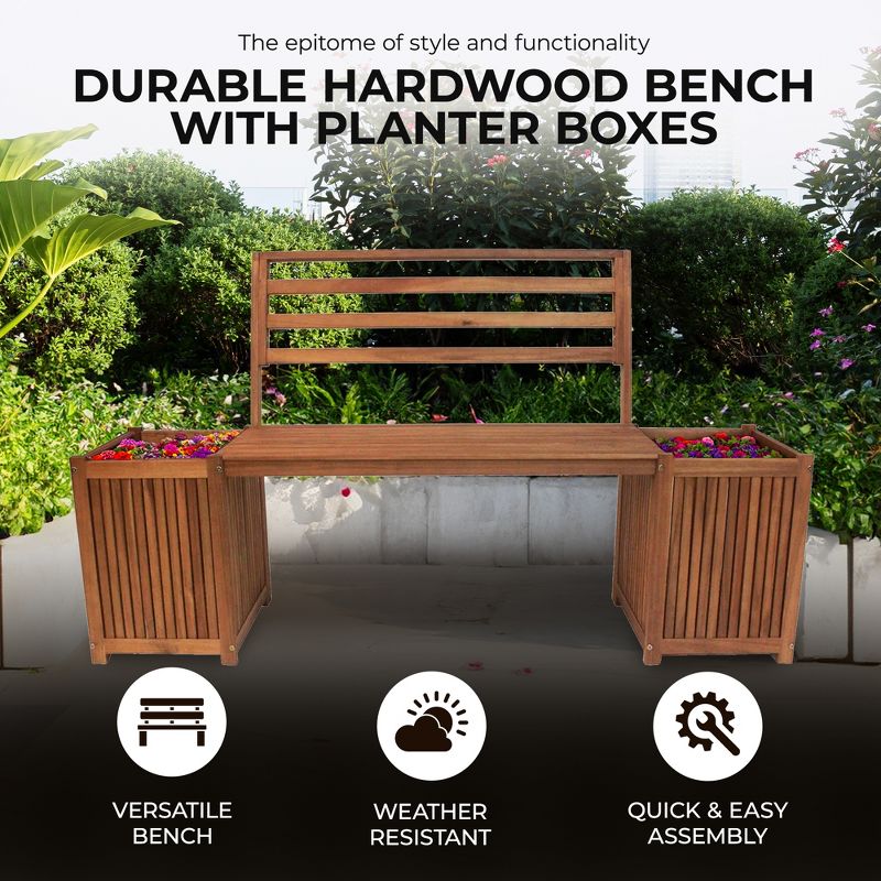 Leigh Country Multifunctional Durable Stained Finish Hardwood Bench with Planter Boxes, Hardware, and 350 Pound Weight Capacity, Tan, 2 of 7