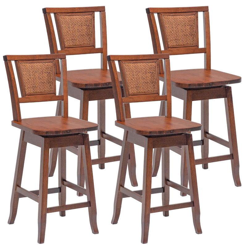 Costway Set of 2/4 Swivel Bar Stools Counter Height Rubber Wood Pub Chairs w/ Rattan Back, 1 of 10