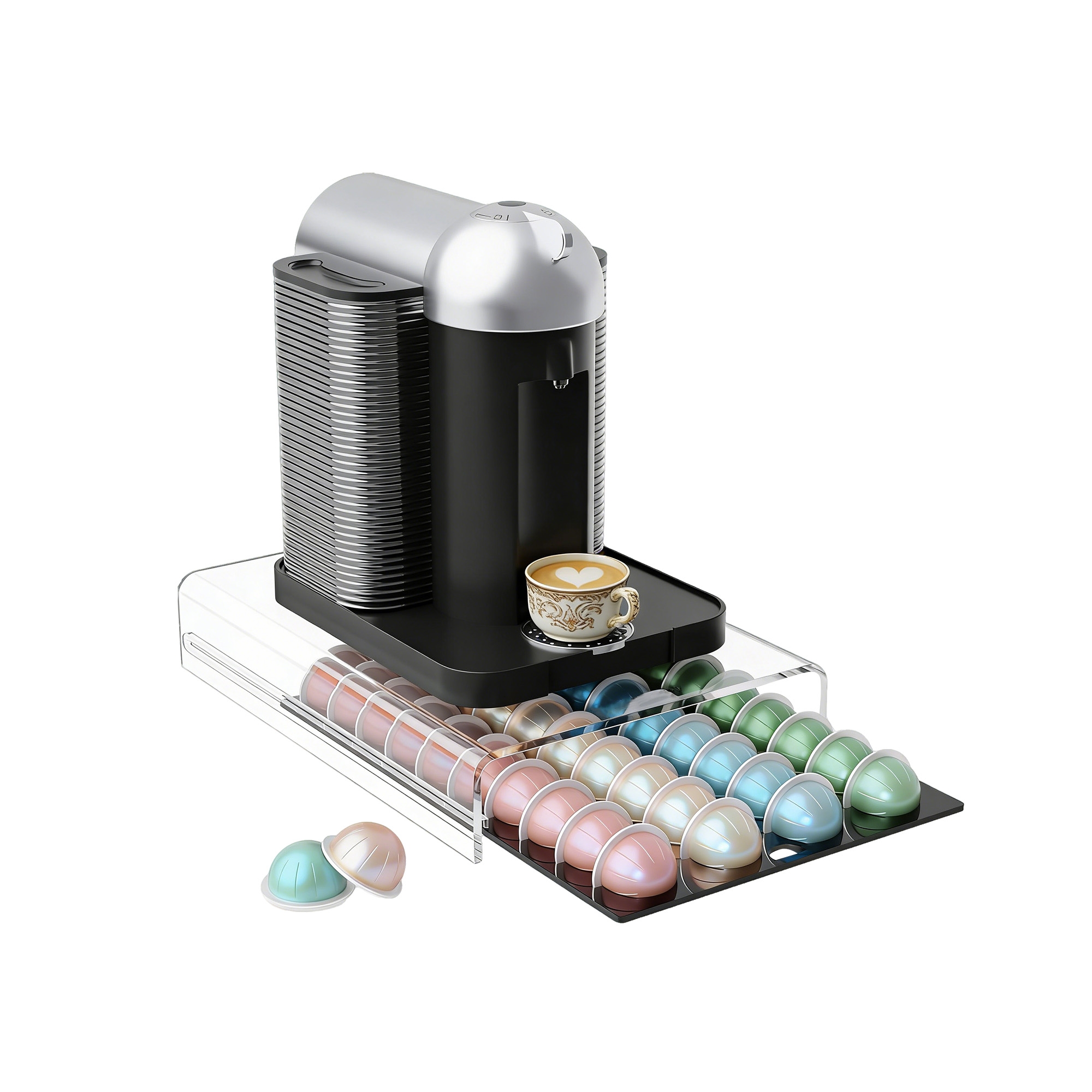 1-Pack Coffee Pod Holder Drawer 27.4x38.7x7.34cm Clear Acrylic 40 Individual Slots Easy Clean Fits Under Coffee Machine