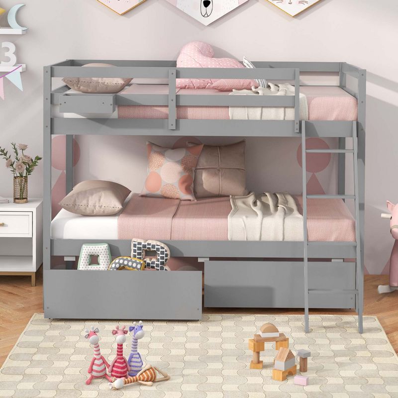Costway Twin Over Twin Bunk Bed with 2 Storage Drawers Ladder No Box Spring Needed Gray/White, 5 of 11