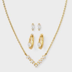 14K Gold Dipped Cubic Zirconia V Shape Necklace and Huggie Stud Earring Set 3pc - A New Day™ Gold - 1 of 4