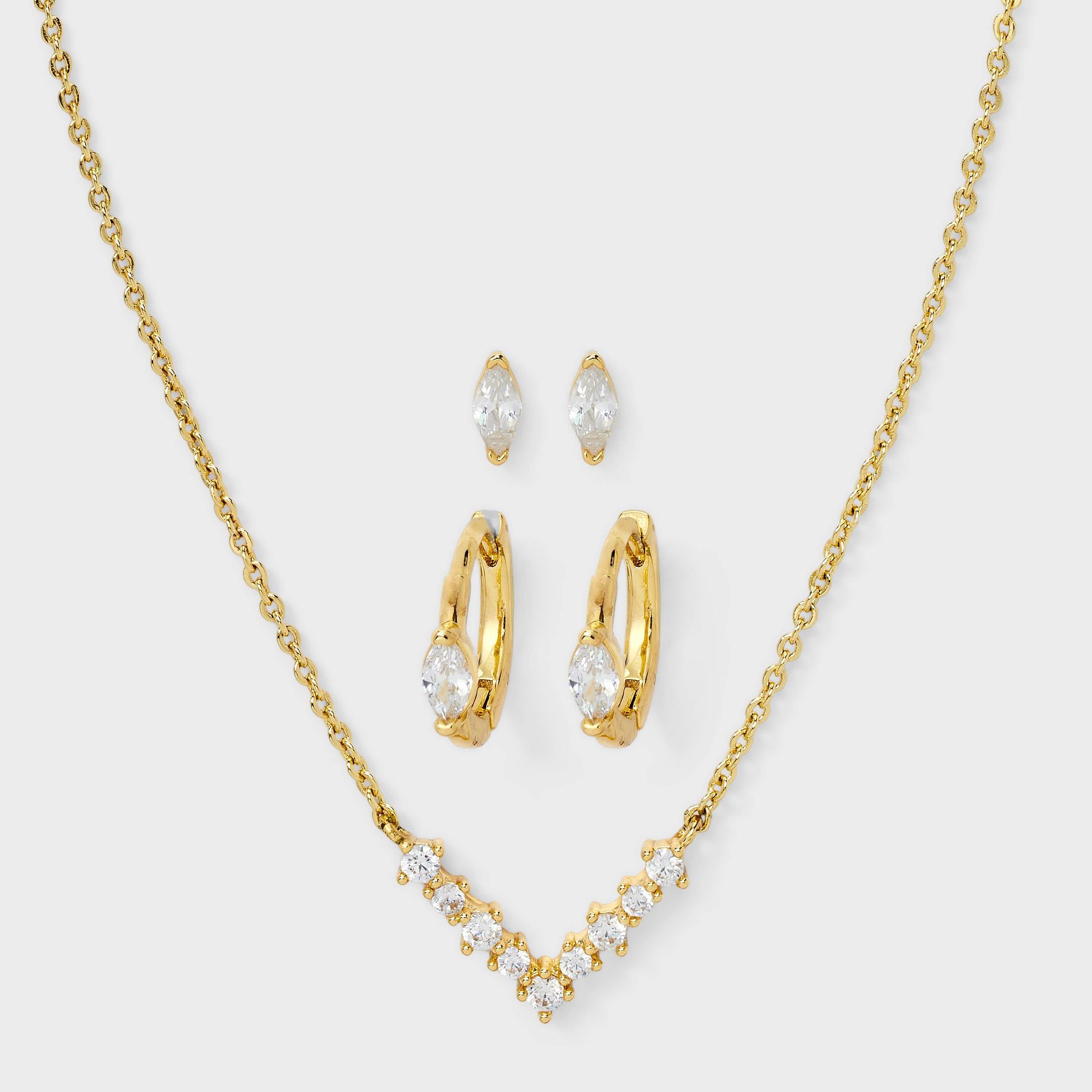 14K Gold Dipped Cubic Zirconia Necklace and Huggie Stud Earring Set 3pc - A New Day™ Gold