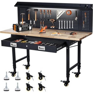 60" x 22" Adjustable Height Workbench – Heavy Duty Rubber Wood Top, 2000 lbs Capacity, Tool Storage, Drawer, Pegboard, Power Outlets, Lockable Wheels - 1 of 4