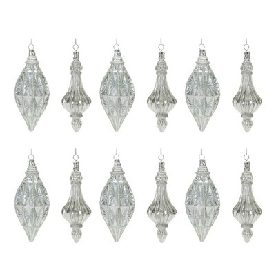 Silver Glittered Glass Drop Ornaments Set of 12