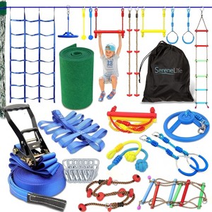 SereneLife Ninja Warrior Obstacle Course for Kids - Hanging 50' Ninja Warrior Slackline Kit Training Equipment for Kids and Adults with 13 Accessories - 1 of 4