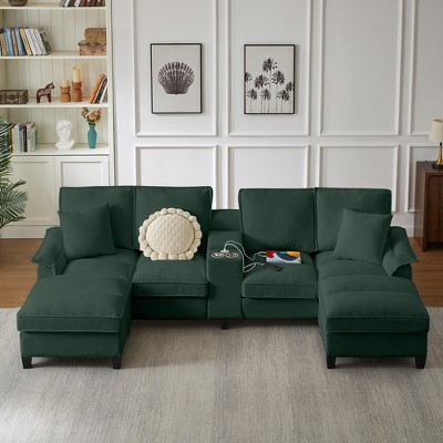 120" Modular Corduroy Sectional Sofa Bed U-Shape 4-Seater Storage Chaise Console Cup Holders Hardwood Frame Living Room Apartment Lounge
