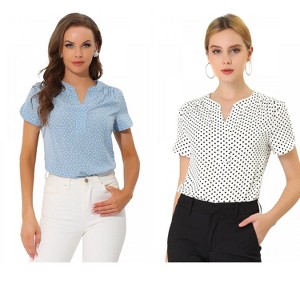 Allegra K Women's Polka Dots Print V Neck Short Sleeve Elegant Work Office Top 2 Packs - 1 of 4