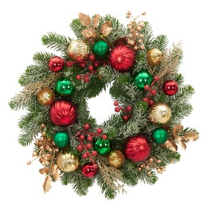 16 Inch Christmas Wreath, Winter Themed Artificial Wreath with Red Berries, Pinecones and Sparkling Balls - 1 of 4