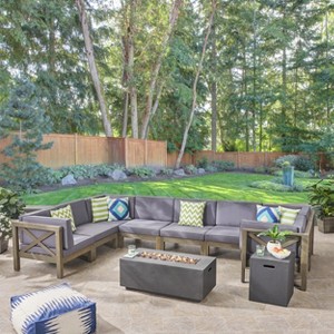 Christopher Knight Home Brava Outdoor Acacia Wood 8 Seater Sectional Sofa Set with Fire Pit - 1 of 4