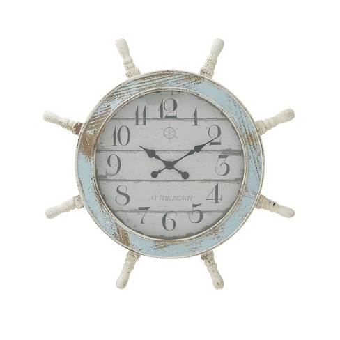 Vintage Quartz Ship's Time Wooden Ship Wheel & Brass Clock