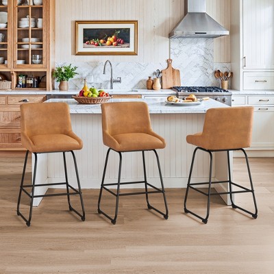 Arceso Swivel Bar Stools Set of 3, 26 Inch Upholstered Barstools with Backs, Modern Faux Leather Counter Height Bar Stool , Brown Counter Stools