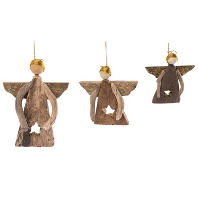 Transpac Driftwood Angel Ornaments Set of 3 Multicolored Wooden Christmas Tree Decorations for Holiday Decor and Gifts