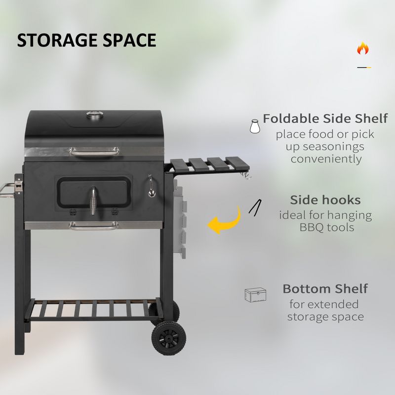 Outsunny Charcoal BBQ Grill, Outdoor Portable Cooker for Camping or Backyard Picnic with Side Table, Bottom Storage Shelf, Wheels and Handle, 5 of 7