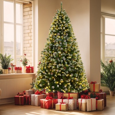 HOMDOX 6ft Pre-lit Spray White Artificial Christmas Tree, Premium Hinged Pine Lighted Holiday Tree w/756 Dense Branch Tips, 250 Lights, 51 Pine Cones
