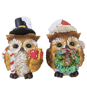 Transpac 4.5 Inch Owl Christmas Critters St/2 Winter Figurine Set