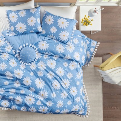 Full/Queen Daria Daisy Printed Duvet Cover Set with Tassels - Blue