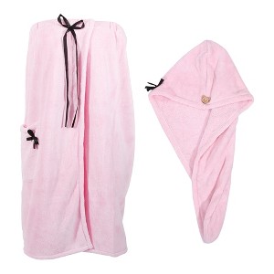 Unique Bargains Women's Microfiber Bath Wrap Towel with Hair Towel Wrap 28.4" Length 1 Set - 1 of 4
