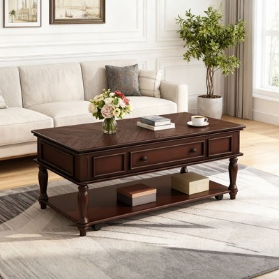 Luxystar Farmhouse Coffee Table with One Drawer Lockable Wheels and Solid Wood Legs for Living Room, Espresso