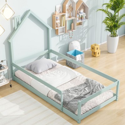 NicBex Kids Montessori Bed with House-Shaped Headboard,Floor Bed with Fences,Twin Size Toddler bed for Bedroom,Gray/White/Pink/Green/Blue/Brown