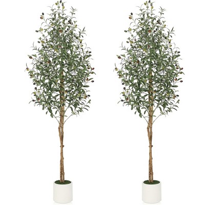 Artificial Olive Tree with White Pot, Faux Floor Plants with Natural Wood Trunk & Fruits