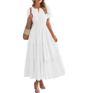 Clearlove Midi Dresses for Women Elegant Flowy V Neck Short Sleeve Wrap Dress Casual Summer Waist Dress with Pockets. - 1 of 4