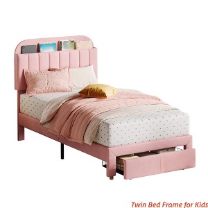 Twin Bed Frame Velvet Upholstered Platform Bed with Bookcase Headboard for Kids Girls Heavy Duty Steel Support Legs Easy Assembly Noise Free - 1 of 4