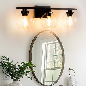 DORESshop Elegant 25 in. 3-Light Matte Black Bathroom Vanity Light, Modern Farmhouse Wall Sconce with Open Globe Glass Shades - 1 of 4