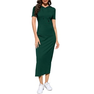 Women's Casual Short Sleeve Slim Pullover Maxi Hoodie Dress Sweatshirt Long Dresses with Pockets - 1 of 2