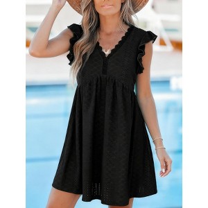 Women's Elegant V Neck Dress Lace Trim Cutout Puff Sleeve Midi Dress Lightweight Flowy Casual Summer Midi Dress - 1 of 4