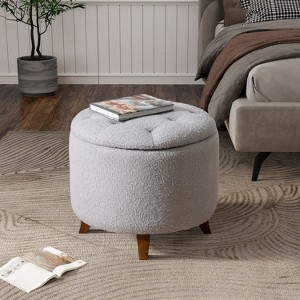 CAVINAS Modern Round Teddy Fleece Ottoman Bench with Storage,Small Button Tufted Storage Ottoman for Living Room - 1 of 4