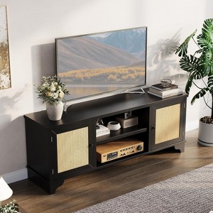 Rattan TV Stand Fits TVs Up to 70", Entertainment Center with 2 Cabinets and Open Shelves, Wooden Media Console Table for Living Room - 1 of 4