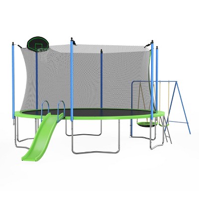 VYNXARIA 12FT Green and Blue Trampoline with Slide, Swings, and Basketball Features - Ultimate Outdoor Playtime