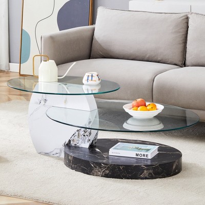 Modern Double-Layer Coffee Table with Tempered Glass Top and Marble-Wood Texture MDF Base, Stylish and Artistic for Living Room