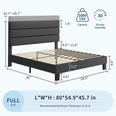Full Size Bed Frame with Adjustable Headboard, Fabric Upholstered and Wooden Slats Support