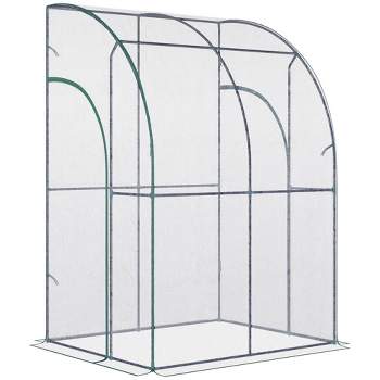 Outsunny 5' x 4' x 7' Lean-to Greenhouse, Walk-in Wall Mounted Hot House & Plant Nursery with 2 Zippered Roll Up Doors, Sloping PVC Cover, Green