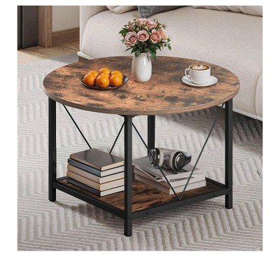 Modern Design 2-Tier Round Coffee Table With Open Shelf Storage Wood Center Coffee Home Decor For Office Living Room