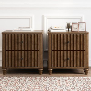 Gulches 2-Piece Fluted Nightstand Set, 3-Drawer Mid Century Modern Wood Side Table with Metal Handles, Walnut Bedside End Table - 1 of 4