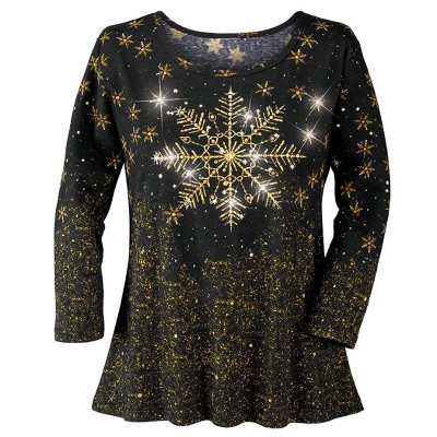 Collections Etc Festive Shimmering Snowflake 3/4 Length Sleeve Cotton Top