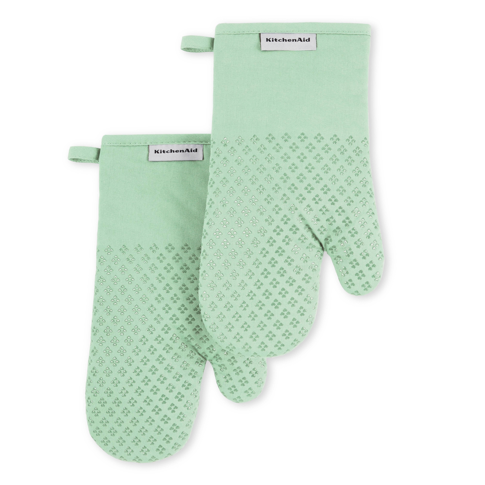 KitchenAid 2pk Cotton Asteroid Oven Mitts Light Green: Diamond Pattern, Silicone Grip, Hot Pads & Oven Gloves, 12.5"x7"