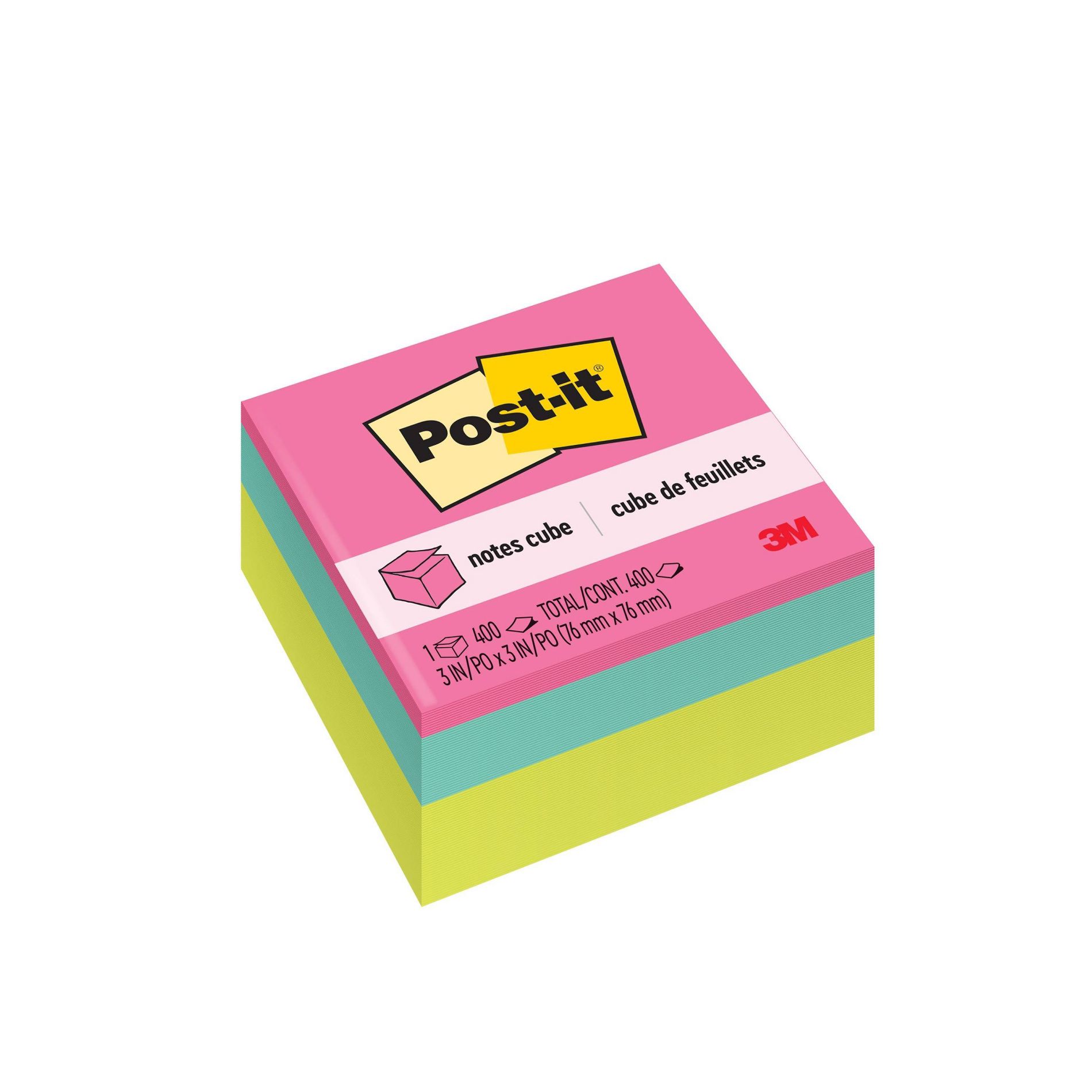 Post-it 3" x 3" Notes Cube 400 Sheets/Cube - Pink Wave: Multicolor Sticky Notes, Uncoated Paper, Art & Design Theme