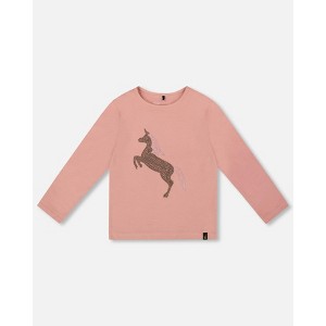 Deux par Deux Girl Organic Cotton Long Sleeve T-Shirt Dusty Pink with Sequin Unicorn - 1 of 4