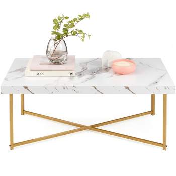 Best Choice Products 44in Rectangular Coffee Table, Living Room Accent Table w/ Faux Marble Top - White/ Bronze Gold