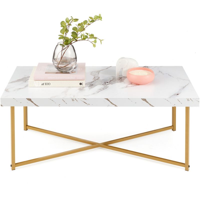 Best Choice Products 44in Rectangular Coffee Table, Living Room Accent Table w/ Faux Marble Top - White/ Bronze Gold, 1 of 8